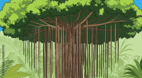 Giant Banyan Tree with Aerial Roots in Lush Tropical Jungle