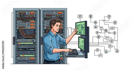 IT professional works with server racks and network diagram, data center technology concept
