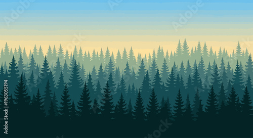 Misty Forest Landscape with Evergreen Trees and Gradient Sky