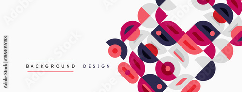 Abstract geometric pattern. Colorful squares, circles overlap creating modern design. White background provides contrast.