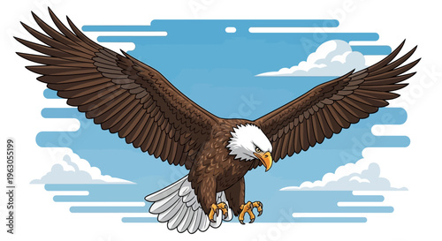 Majestic Bald Eagle Soaring in a Pixel Art Sky with Clouds