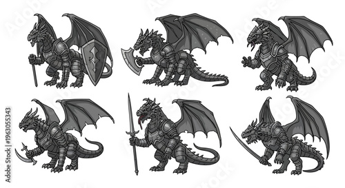 Pixel Art Dragon Warrior Set: Armored Beasts with Weapons and Shields