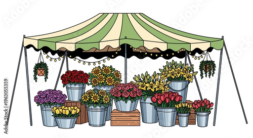 Pixel Art Flower Stall with Colorful Blooms and Hanging Plants Under a Striped Tent