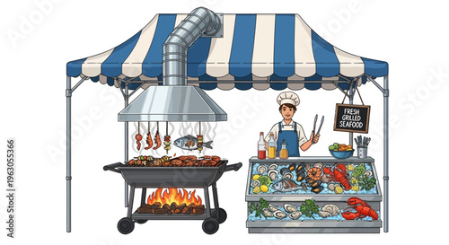 Pixel Art Food Stall with Chef Grilling Seafood and Meats