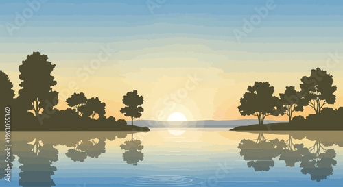Serene Sunrise Over Calm Water with Silhouetted Trees and Reflections
