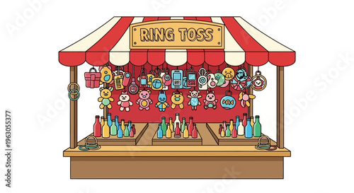 Retro Ring Toss Carnival Game Booth with Plush Toy Prizes and Bottles