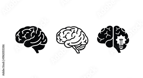Three detailed human brains illustrated in a striking black silhouette