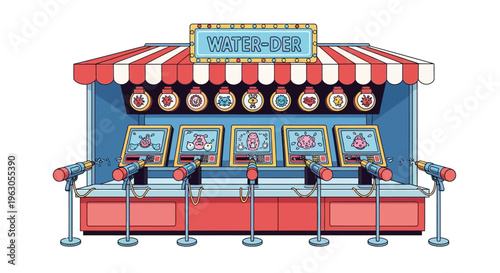 Retro Pixel Art Water Gun Game Booth at Carnival or Fair