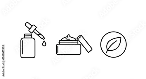 Cosmetic product icons featuring dropper jar and leaf silhouette