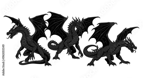 Three Black Dragons Illustration, Fantasy Creature Art, Mythical Beast Design