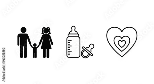 Family with child bottle and heart in a simple black silhouette