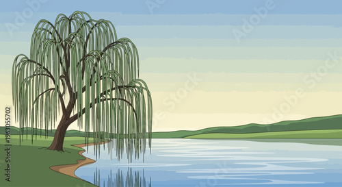 Weeping Willow Tree by Serene River Landscape, Calm Water Reflection, Greenery, Blue Sky