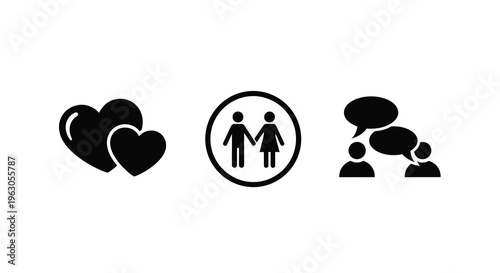 Love relationships and communication icons presented in black silhouette