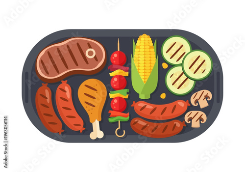 Assortment of grilled foods including meat vegetables and corn on a dark grill pan