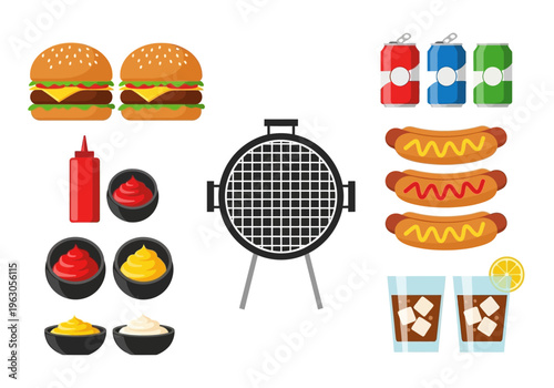 Barbecue food icons burgers hotdogs condiments grill drinks and soda cans