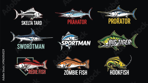 A colorful graphic showcases various fish species with stylized logos and associated names