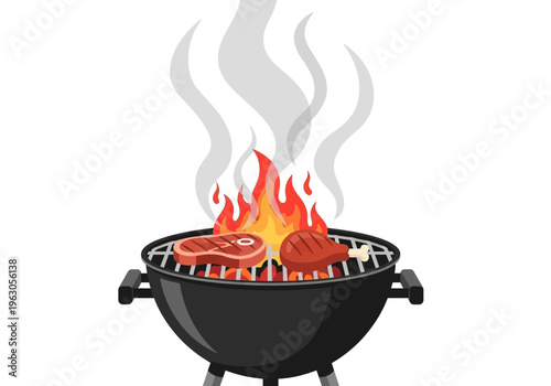 Black kettle grill with open flames smoke a steak and a drumstick