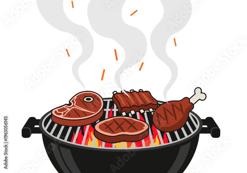 Cartoon illustration of various meats grilling over hot flames on a round barbecue