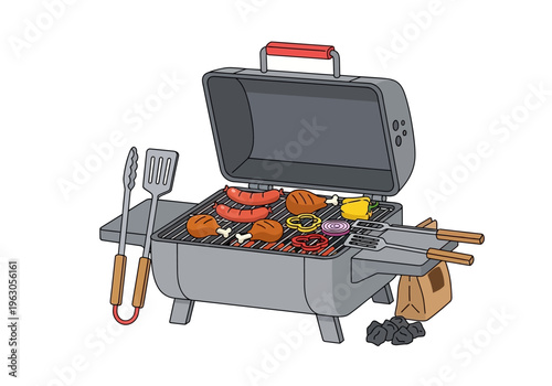 Cartoon illustration of a charcoal grill with food cooking on the grate