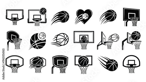 A collection of black and white basketball related icons featuring hoops balls and claw marks