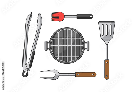 Collection of vector illustration icons featuring barbecue grill tools and grate