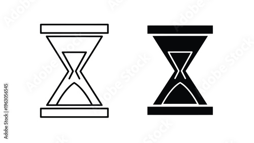 A black and white illustration depicts two hourglasses one outlined and one solid side by side