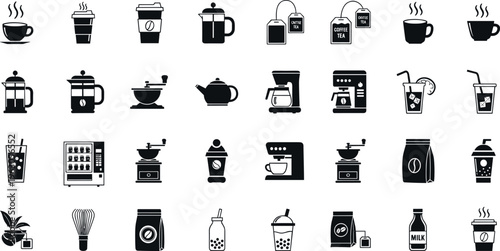 Coffee and tea beverage icon set featuring cups, mugs, espresso machine, french press, teapot, takeaway drinks, boba milk tea, vending machine, grinder silhouettes collection