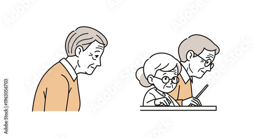 Elderly couple with a grandchild depicted in a simple silhouette