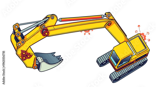 A yellow excavator with red details.