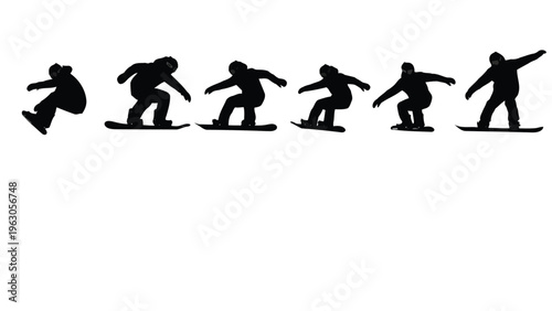 A sequence of black silhouettes depicts a snowboarder performing a backflip trick in stages