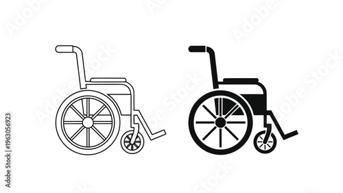 Two simple line art illustrations depict a standard wheelchair in both outlined and solid black styles