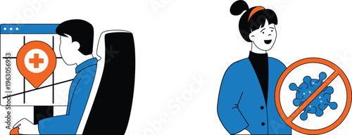 Healthcare professional directs patient to medical facility while ensuring safety from contagious pathogens nearby