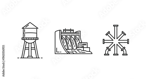 Minimalist line art depicts industrial structures a distinct silhouette