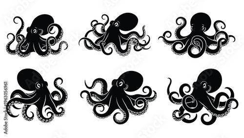 Six stylized black octopus illustrations are arranged on a white background exhibiting varying poses