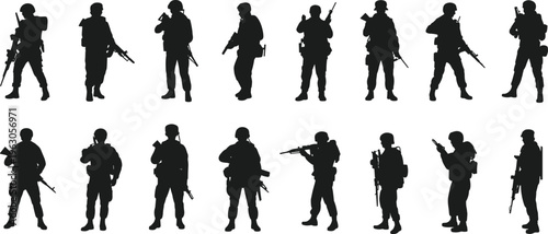 Military silhouettes, armed soldiers, tactical poses, combat readiness, defense illustration, black figures, uniformed personnel, weapon stance, vigilance art, minimal background