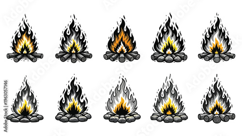 Illustration depicts five distinct stylized campfires with varying flame shapes and intensities high quality