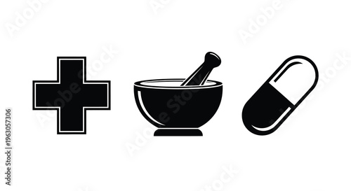 Medical symbols including a cross mortar and pill capsule silhouette