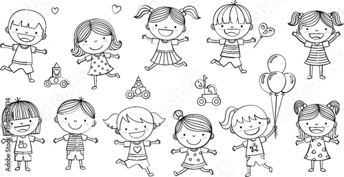 A Set of Cute Black and White Doodle Illustrations Featuring Happy Children Playing, Holding Balloons, Toys, and Smiling Faces in Vector Style