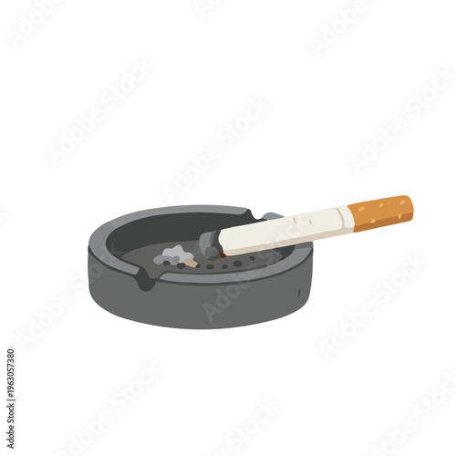 Cigarette on Gray Ceramic Ashtray with Ash, Flat Vector Illustration Isolated on White Background
