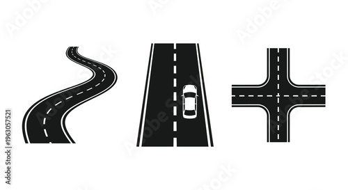 Road segments and intersection shown in a stark black silhouette