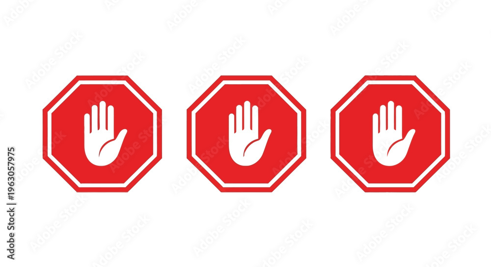 Obraz premium Three red stop signs displaying white hand silhouettes