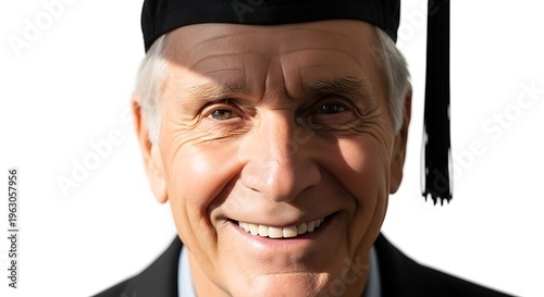 Smiling senior man in graduation cap.