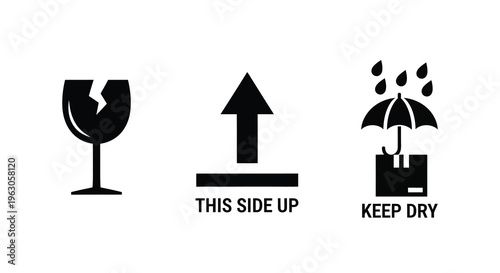 Shipping symbols depicting fragile orientation and weather protection silhouette