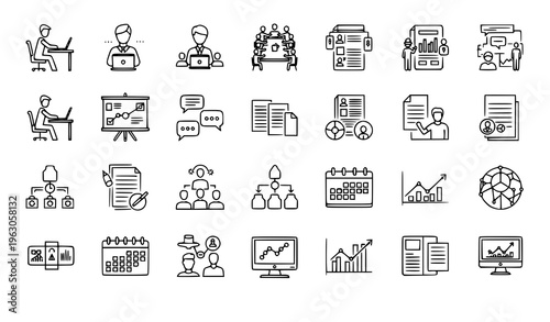 Office Work and Business Activity Outline Icons Editable Stroke Vector Collection