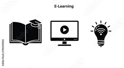 E learning concepts book computer and lightbulb black silhouette
