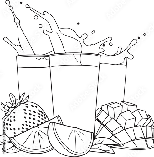 Refreshing Fruit Juices in Glasses with Splashes, Sliced Citrus, and Cubed Mango, Perfect for Summer Drink Illustrations or Healthy Lifestyle Content