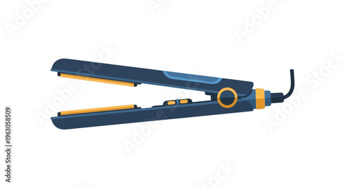 Hair straightener in sleek modern design with blue and orange accents in bright studio lighting for beauty product showcase