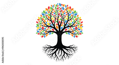 A vibrant tree with colorful foliage and intricate roots is depicted in a striking black silhouette high quality professional detailed modern