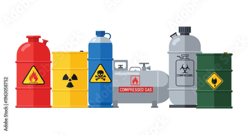 A colorful arrangement of hazard warning containers displaying various safety symbols presented as a flat silhouette high quality professional detailed modern