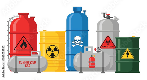 A colorful arrangement of industrial containers depicting hazardous materials and warning signs a bold silhouette high quality professional detailed modern elegant